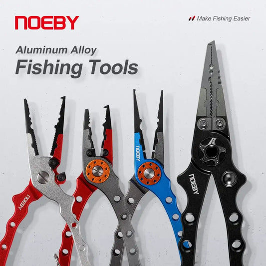 NOEBY multifunction fishing pliers set with red, blue, and black handles