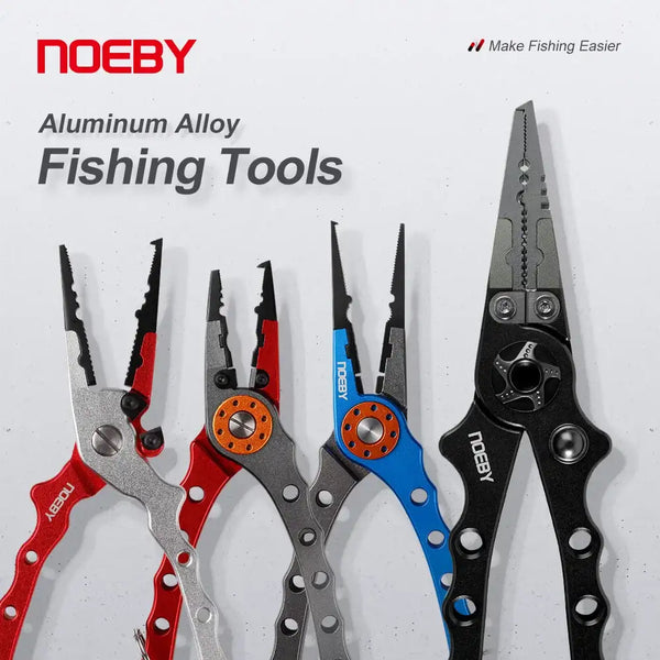 NOEBY multifunction fishing pliers set with red, blue, and black handles