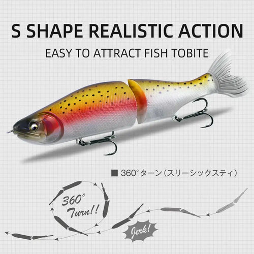 Silver white jointed minnow fishing lure with yellow dorsal and red face, hinged body