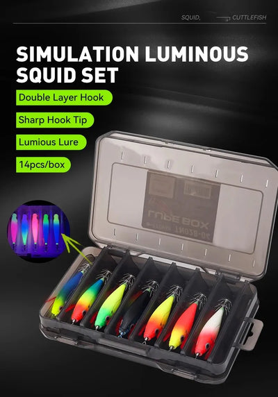 LEYDUN Luminous Squid Jig Set – Horizontal Wood Shrimp | BKK Hooks | ABS Body | 60 & 70 Series | 5-Pack & 14-Pack