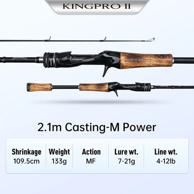 Two-piece fishing rod with black graphite blank and wood-tone handle, casting M power
