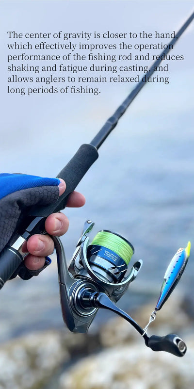 Hand holding fishing rod with silver spinning reel and green line spool