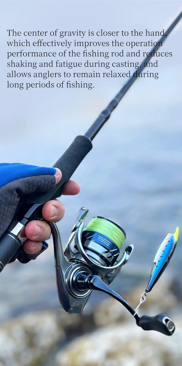 Hand holding fishing rod with silver spinning reel and green line spool