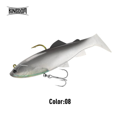 Pre-rigged paddle tail swimbait, silver-gray with white tail, treble hooks