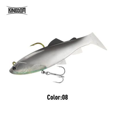 Paddle tail swimbait color 08, silvery gray body with white belly and treble hooks