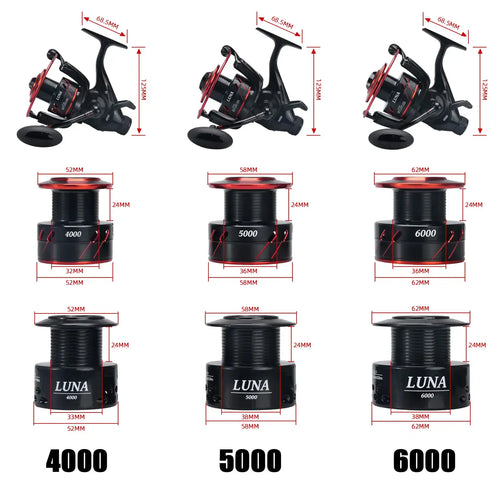 SeaKnight LUNA spinning reel sizes 4000, 5000, and 6000 with spools shown