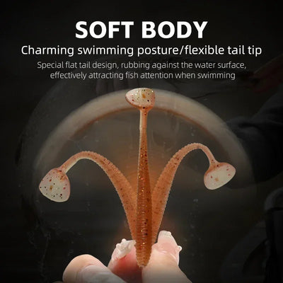 Soft fishing worm lure, orange-brown speckled body with curled tail