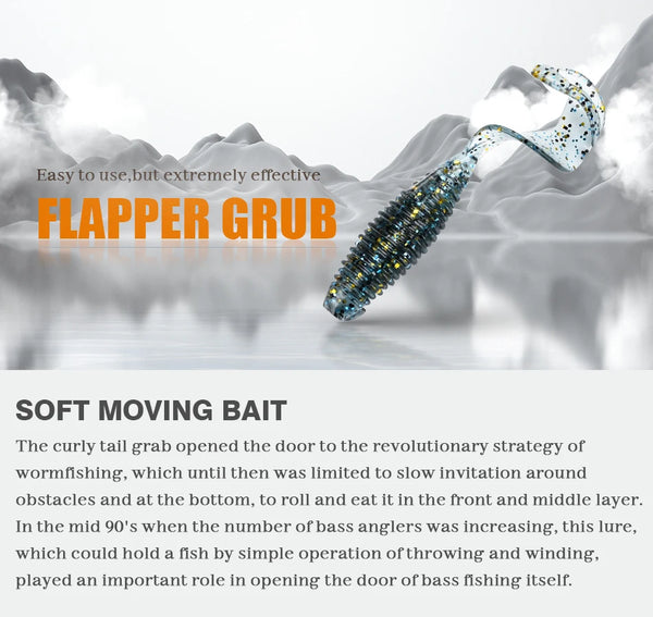 Blue-silver ribbed soft flapper grub lure with white paddle tail and blue speckles