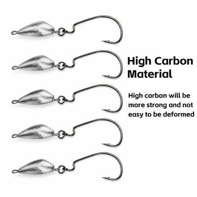 Weedless jig hooks set with silver lead heads and curved high-carbon style hooks
