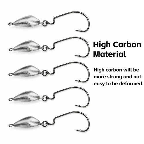 Weedless jig hooks set with silver lead heads and curved high-carbon style hooks