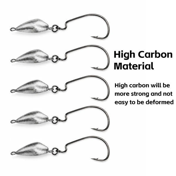 Weedless jig hooks set with silver lead heads and curved high-carbon style hooks