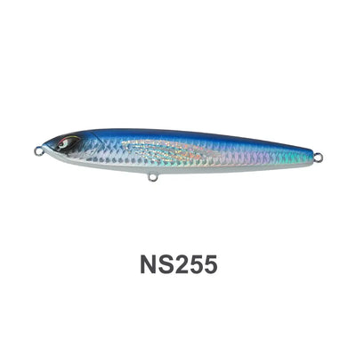 Dark blue hard stickbait with silver belly, 3D eye and metal rings, NS255.