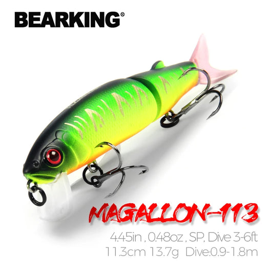 Jointed swimbait lure, lime green and black hard body with two treble hooks