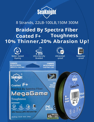 SeaKnight MegaGame M8 8-Strand Braid – Spectra Fibre | F+ Coating | 22–100lb | Low-Vis Green | 150m
