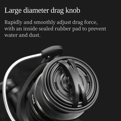 Spinning reel with large round drag knob and black spool for smooth adjustment