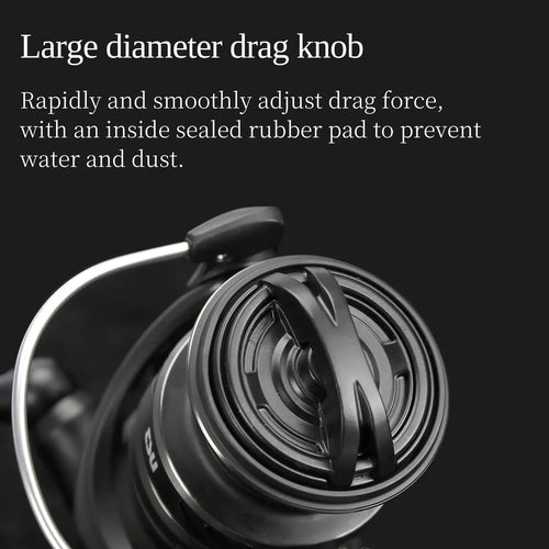 Spinning reel with large round drag knob and black spool for smooth adjustment