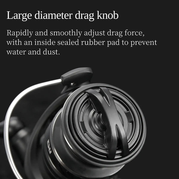Spinning reel with large round drag knob and black spool for smooth adjustment