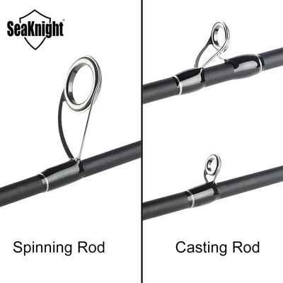 Two-piece view of black spinning and casting fishing rods with line guides