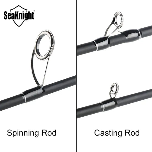 Two-piece view of black spinning and casting fishing rods with line guides