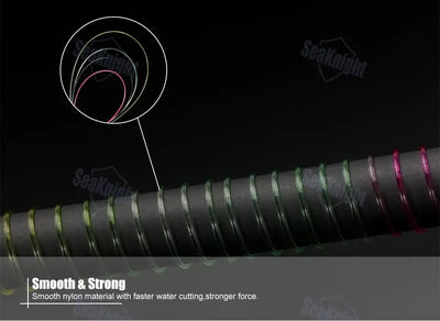 Smooth nylon fishing line with multicolor striped strands on a fishing line roll.