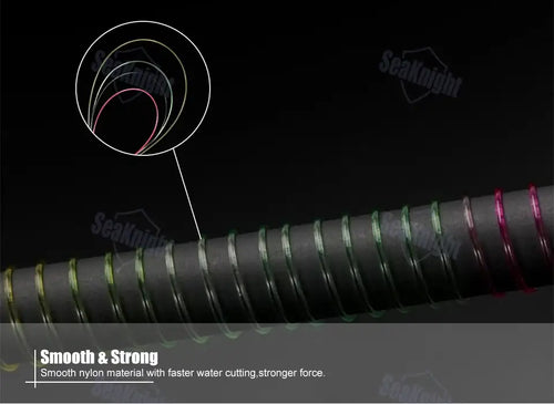Smooth nylon fishing line with multicolor striped strands on a fishing line roll.