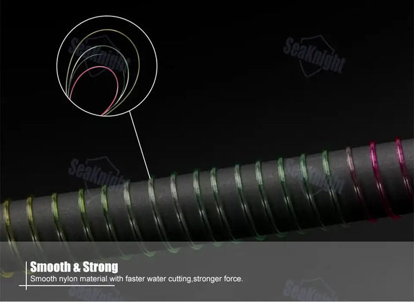 Smooth nylon fishing line with multicolor striped strands on a fishing line roll.