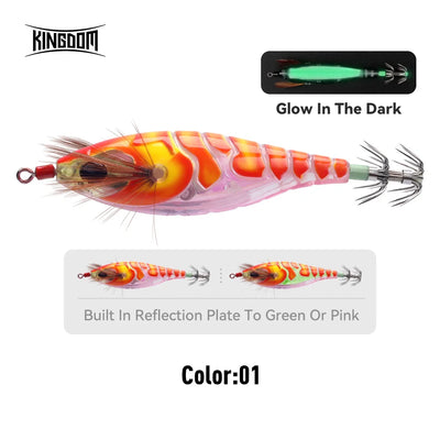 Luminous squid jig in orange and pink with green glow head and trailing tentacle fins