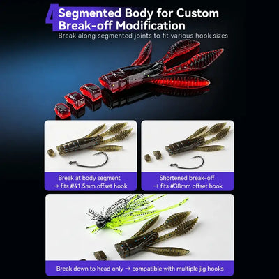 Red PVC soft crawfish lure with segmented body for hook-size customization
