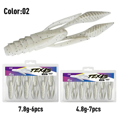 White speckled soft creature fishing lure, segmented body with curled tail and fins