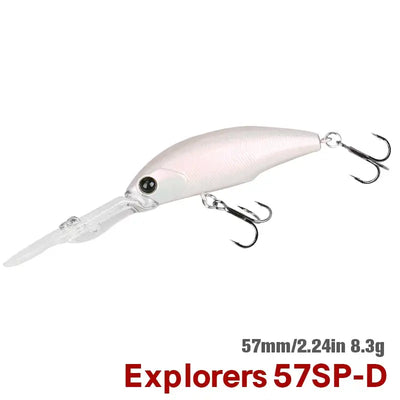 Hard body suspending minnow lure in white pearl tone with treble hooks
