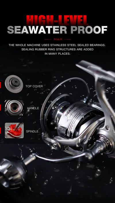 Spinning reel with black handle and silver spool, water-resistant sealed bearing cover details