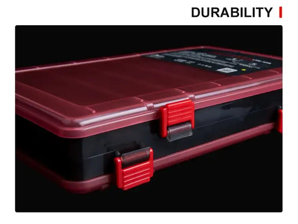 Red and dark tackle box with sturdy snap-lock latch on hinged lid