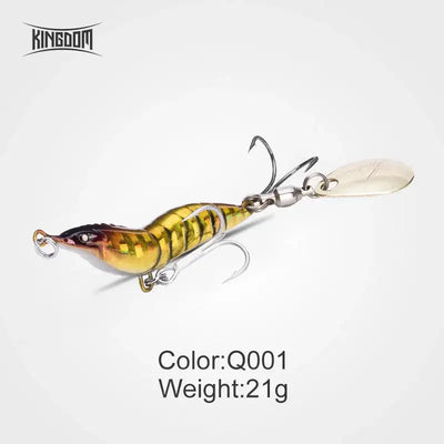 Artificial shrimp fishing lure, yellow-gold with green-black stripes, silver spinner blades and hook