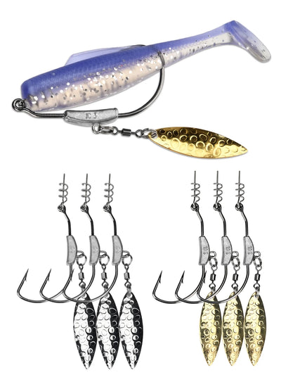 Underspin swimbait hook set with blue swimbait, silver and gold spinner blades