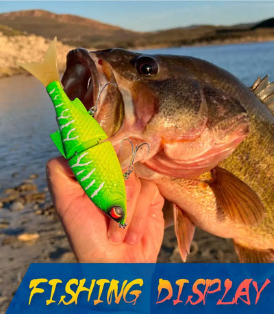 Hunthouse Flextail 135 jointed swimbait in fish mouth, bright green body, treble hooks, feather tail