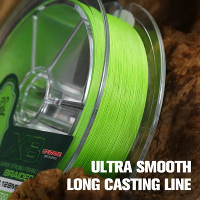 Close-up of green braided fishing line wound on clear spool