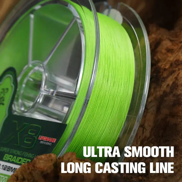 Close-up of green braided fishing line wound on clear spool