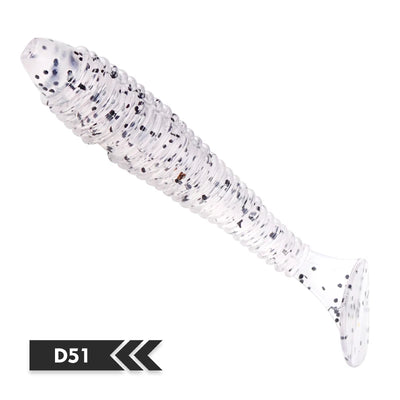 White translucent silicone paddle tail fishing lure with black speckles