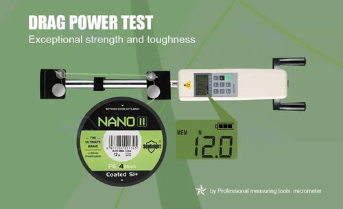 NANO II coated fishing line spool shown in drag power test setup