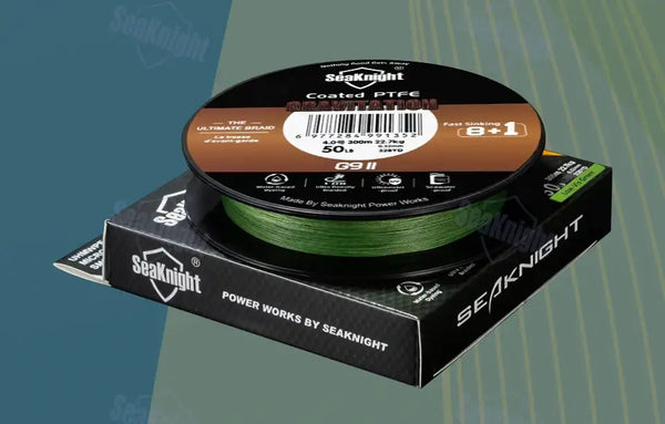 SeaKnight Gravitation G9 II green coated PTFE braided fishing line on black reel