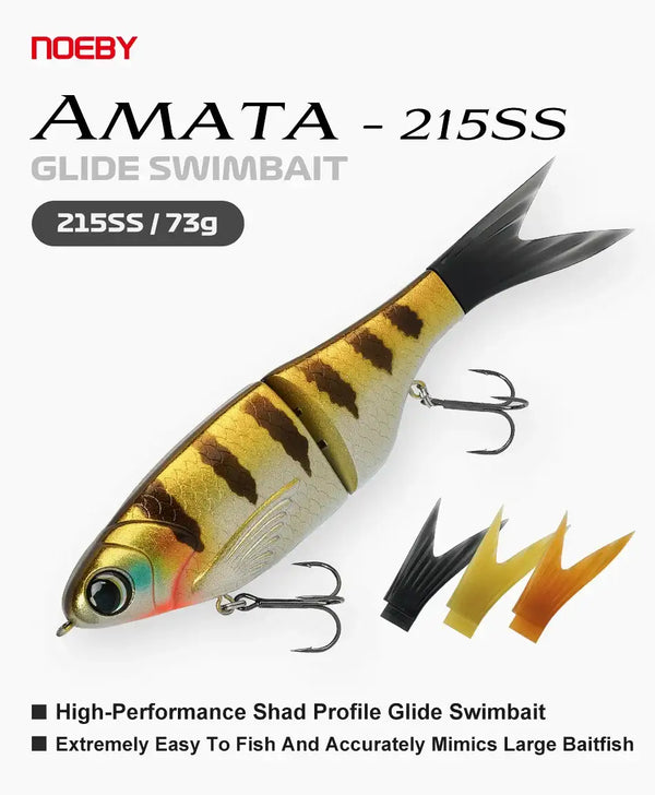 Noeby Amata 215SS glide swimbait lure with gold-and-black tiger finish and twin hooks