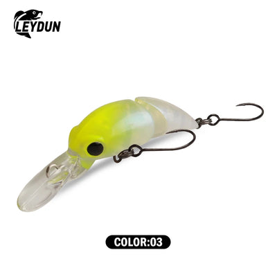 Floating minnow crankbait lure, translucent yellow-green body with clear tail and two treble hooks