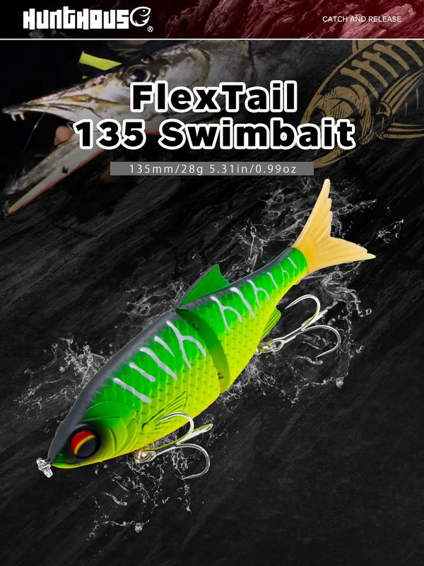 Hunthouse Flextail 135 jointed swimbait, neon green back, chartreuse belly, treble hooks, feather tail