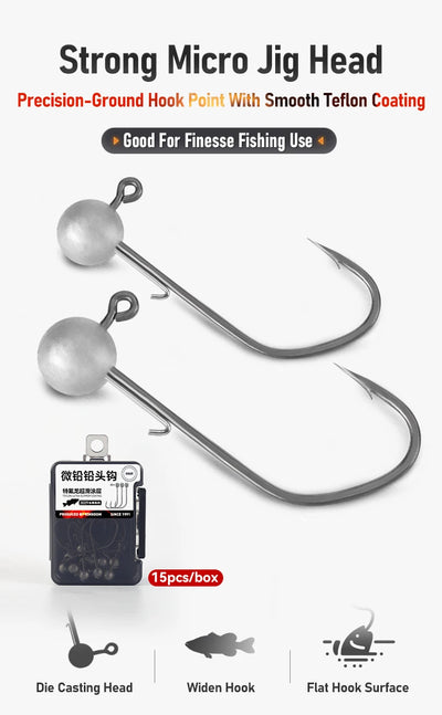 Micro jig head hooks with ball weights, teflon-coated curved shanks, two hooks shown