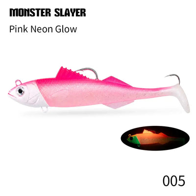 Pink Neon Glow soft swimbait lure with jig head and hook; orange color swatch