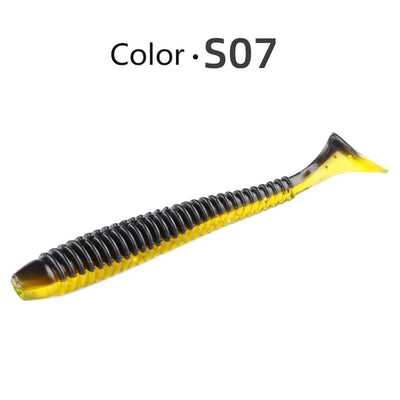 Yellow soft swimbait lure with black ribbed body and translucent tail tip, Color S07