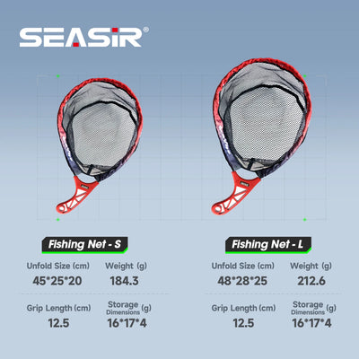 Foldable fishing net in S and L sizes, black mesh with red frame