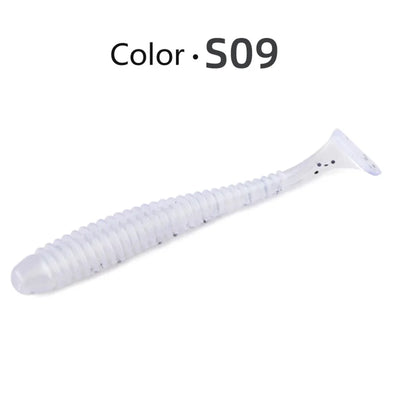 Soft paddle-tail swimbait lure, light blue-white with dark speckles and ribbing (Color S09).