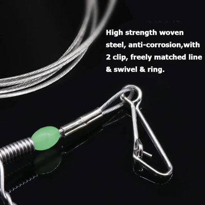 Steel tandem hook fishing leader with woven wire, anti-corrosion swivel and ring