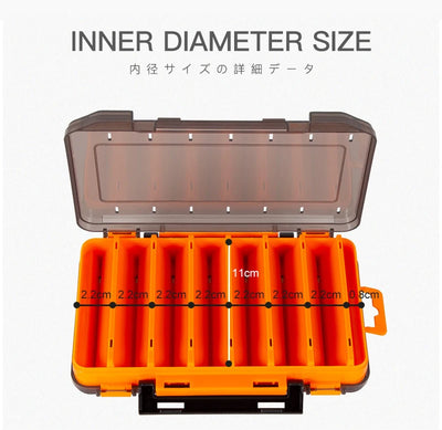 Open double-sided tackle box with transparent lid and orange molded compartments